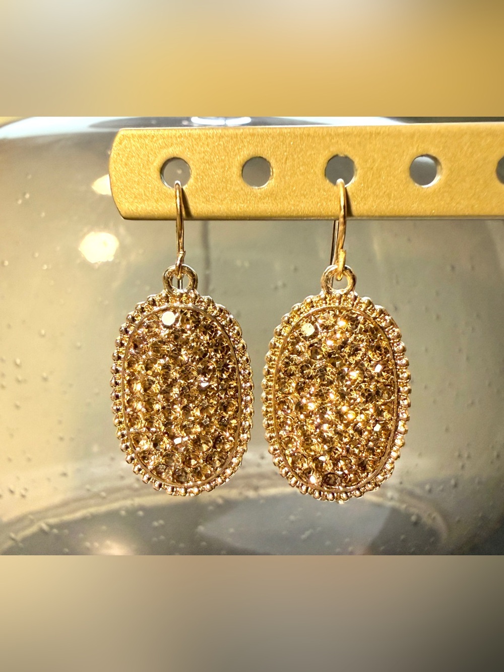 Oval Bling Rhinestone Gold Tone Dangle Earrings